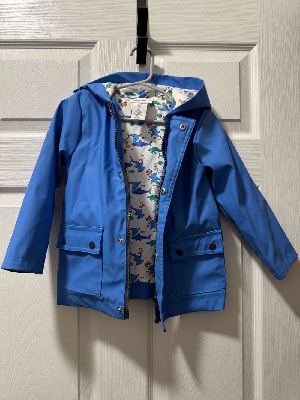 Tommy Bahama Kids Blue Hooded Raincoat with Shark Print Lining